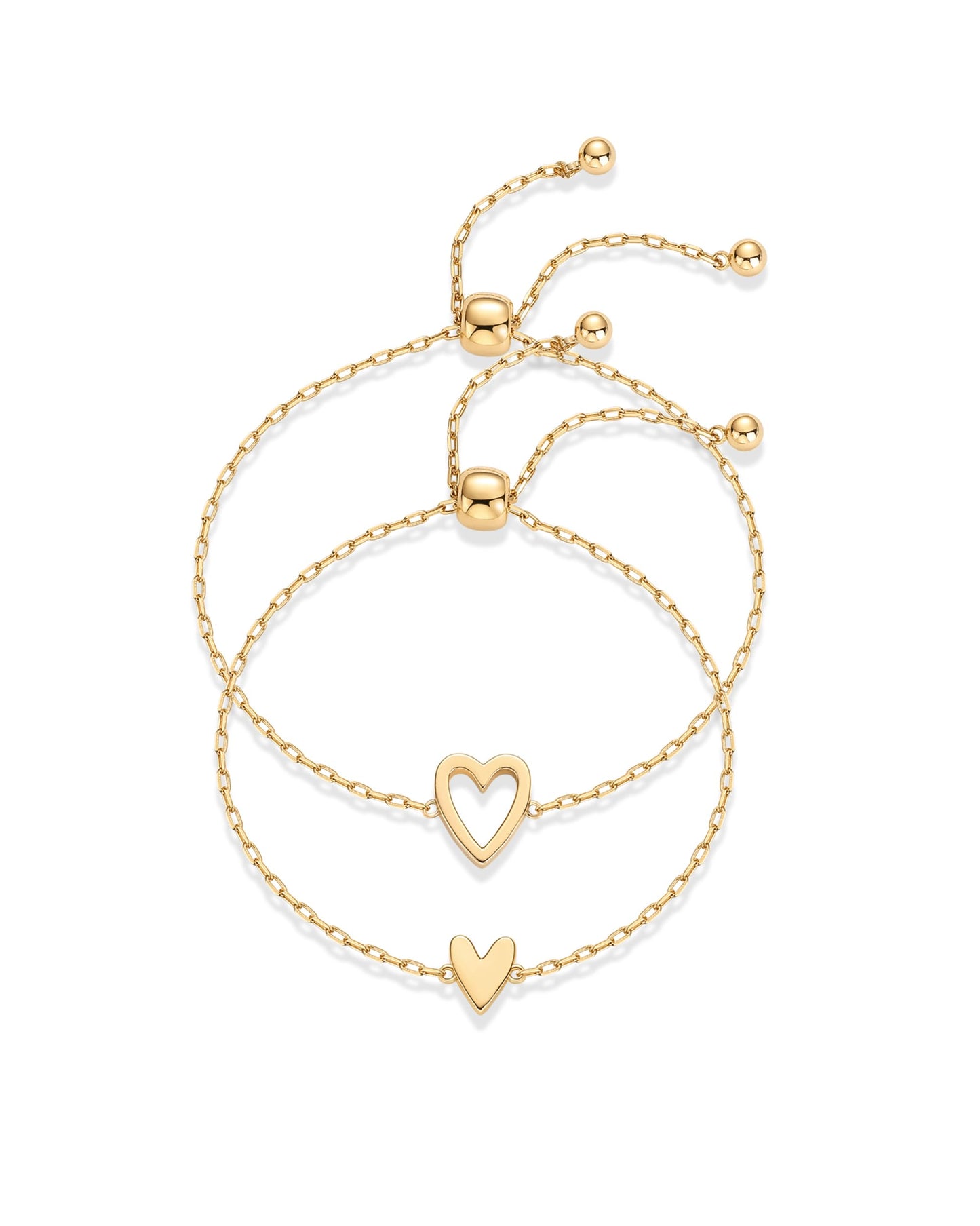 PAVOI 14K Yellow Gold Plated Matching Heart Charms Solitaire Bracelet Set for Women | Adjustable Love Friendship Two Bracelet Pa