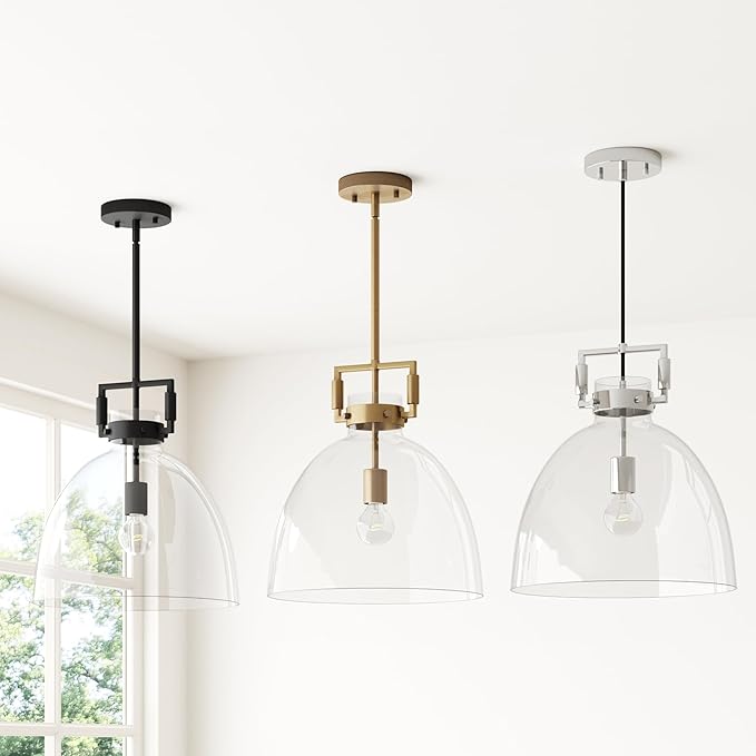 Nathan James Leigh Pendant Lighting, Black Hanging Ceiling Light with Oversized Glass Shade and Adjustable Cord, for Kitchen Island or Entryway, Matte Black/Clear