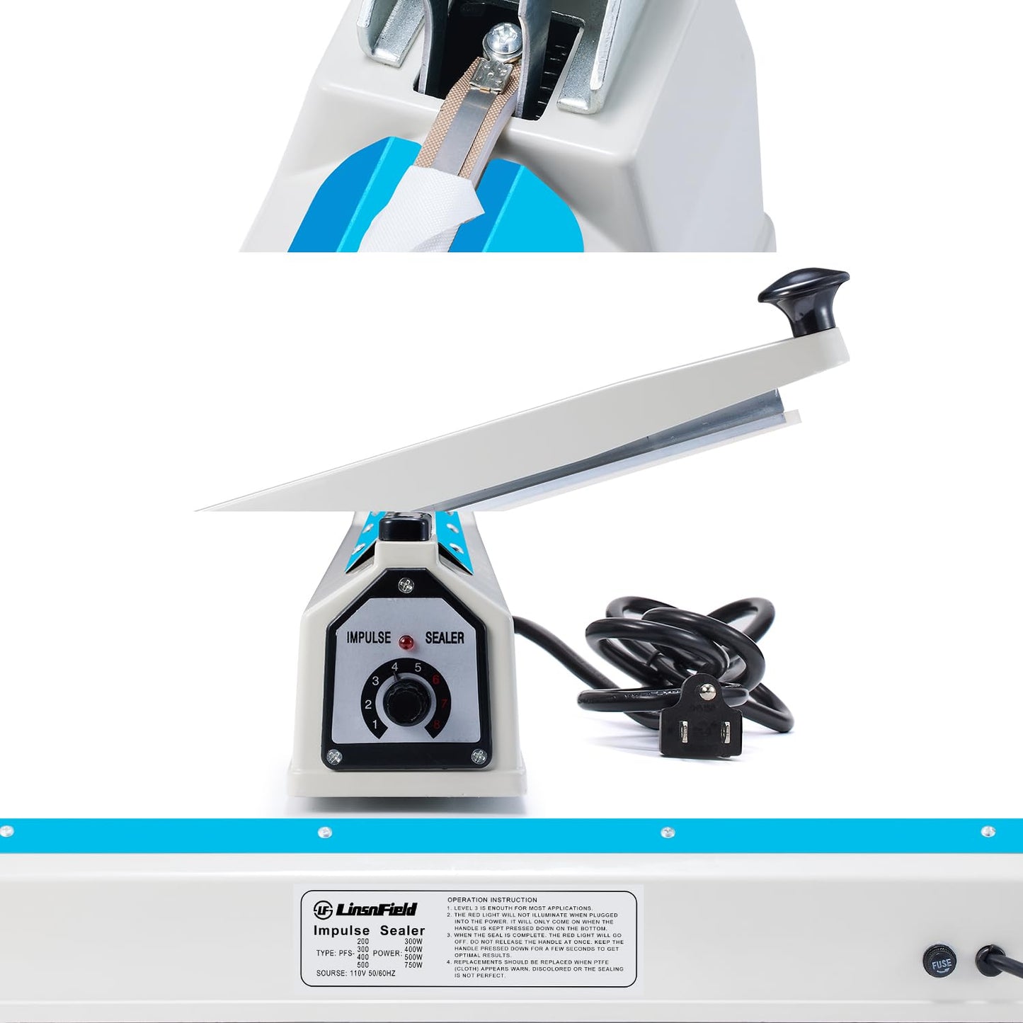 LinsnField Sealer Pro, Patented 8-inch Impulse Heat Sealer, 2-mm Sealing Width Super Heavy Duty Bag Sealing Machine with Extra 2 Replacements, 1Fuse Included, White