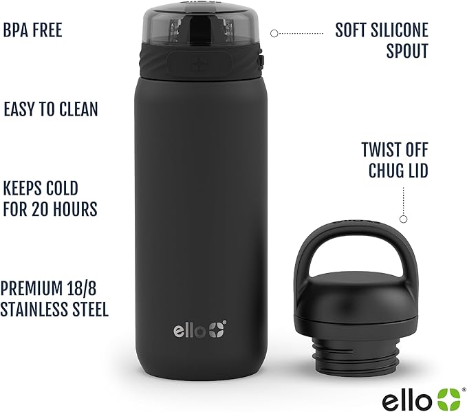 Ello Cooper 18oz Kids Stainless Steel Water Bottle with 2 Lids Chug and Straw | Leak Proof Double Walled and Vacuum Insulated | Fits Car Cupholder | Built in Carry Loop | Dishwasher Safe | Gray