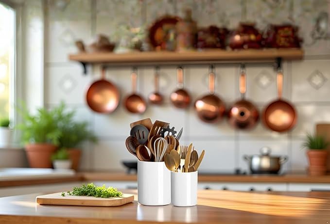 Utensil Holder, 6.3"+4.7" Ceramic Kitchen Utensil Holder for Countertop, Large Cooking Utensil Crocks for Kitchen Counter Decor, Morden Utensil Organizer for Spatula, Set of 2, White