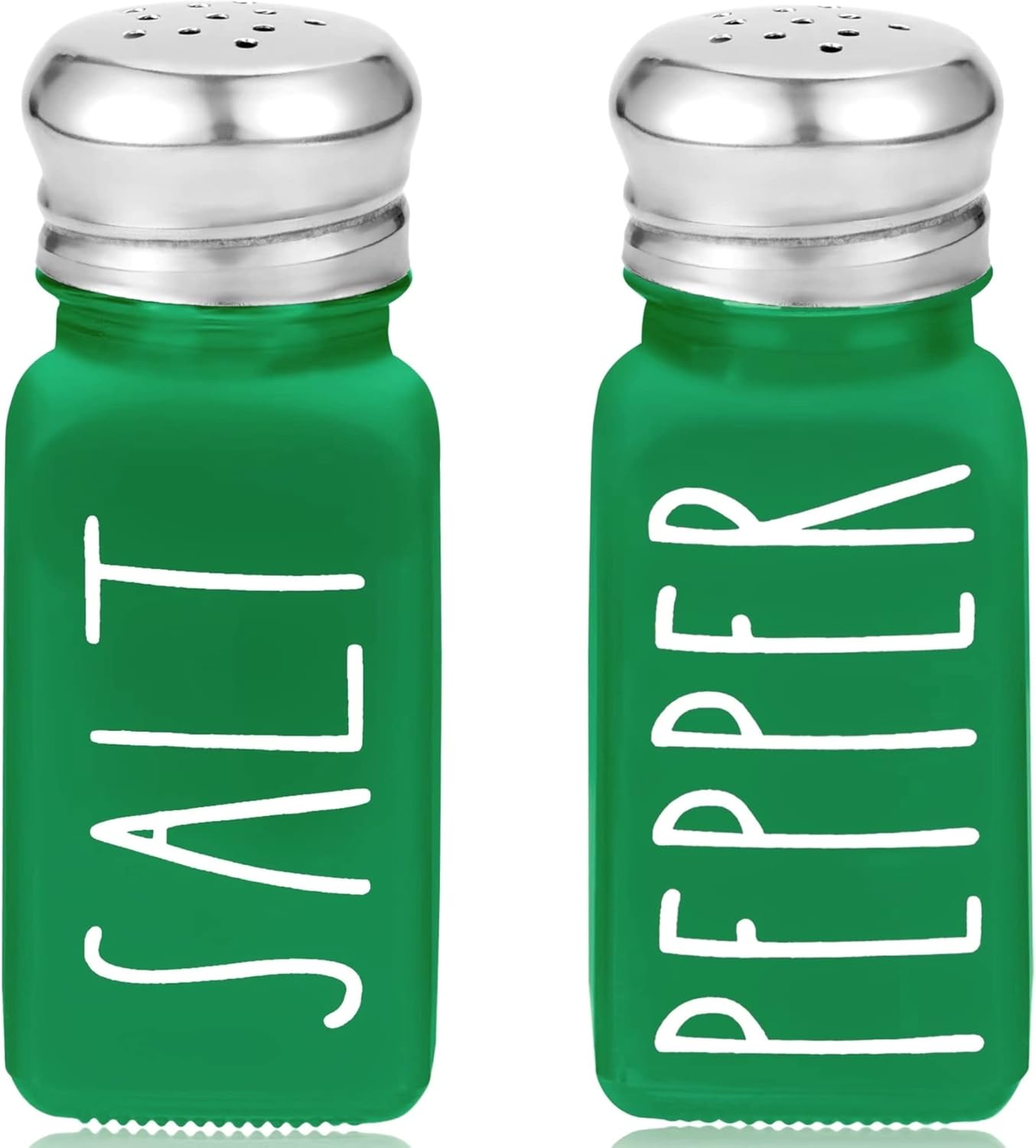 Green Salt and Pepper Shakers Set by Brighter Barns - Modern Farmhouse Kitchen Decor for Home, Restaurants, Airbnb - Cute Kitchen Decor and Accessories - Glass Shakers & Stainless Steel Lids (Green)