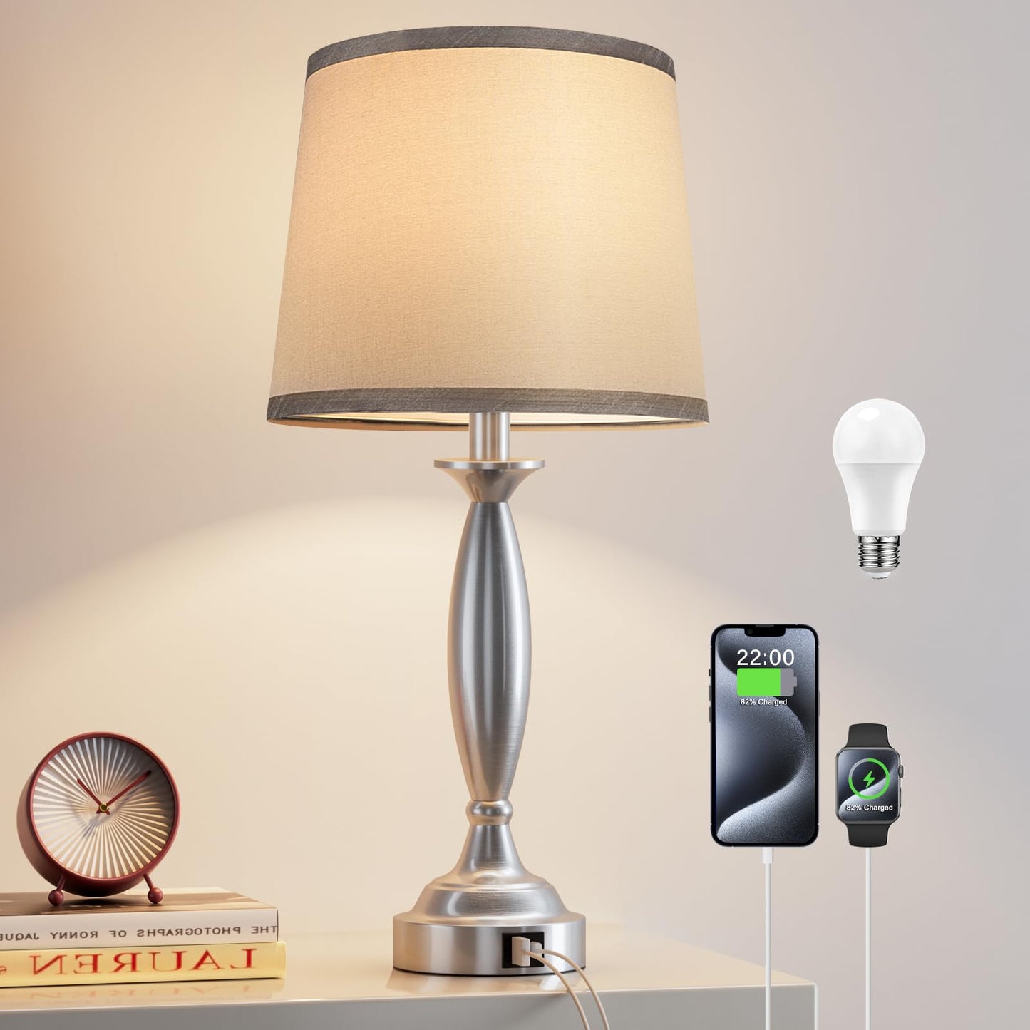 Seealle Touch Control Bedside Lamp, 3 Way Dimmable, USB C+A, 22.5in, Brushed Nickel, H. Grey Shade, Model jinshuzhu 1