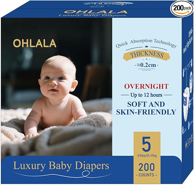 OHLALA Luxury Diapers Size 5 Skin-Friendly & Leakproof | Hypoallergenic | Fragrance-Free | Lightweight | 4 Pack 200counts | 27+ lbs