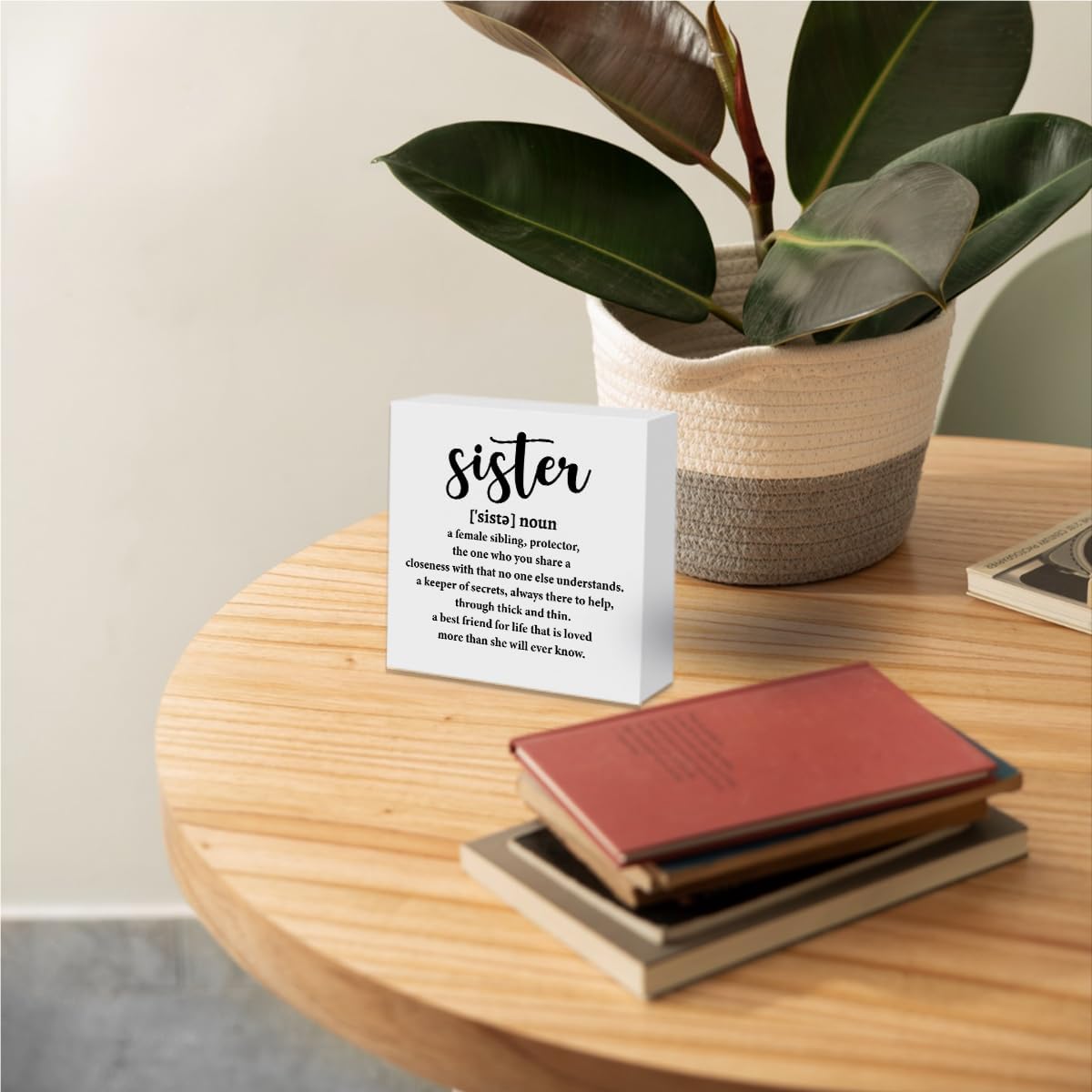 Sister Birthday Gifts Wooden Box Sign, Sister Definition Quotes Wooden Signs, Best Gifts for Bestie Girls, Positive Decor for Farmhouse Home Desk Shelf Tabletop 5 X 5 Inches