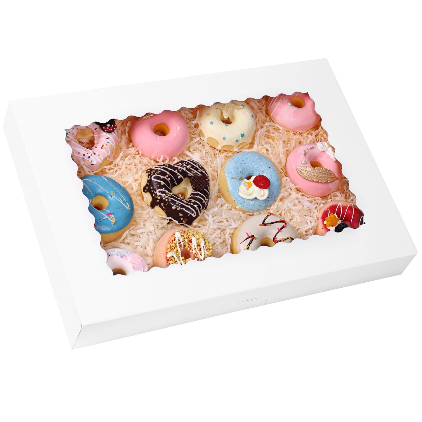 Moretoes 30pcs Cookie Boxes, 16x11x2.5 Inches Auto-Popup Bakery Boxes with Window for Pastries, Pies, Muffins, Chocolate Covered Strawberries