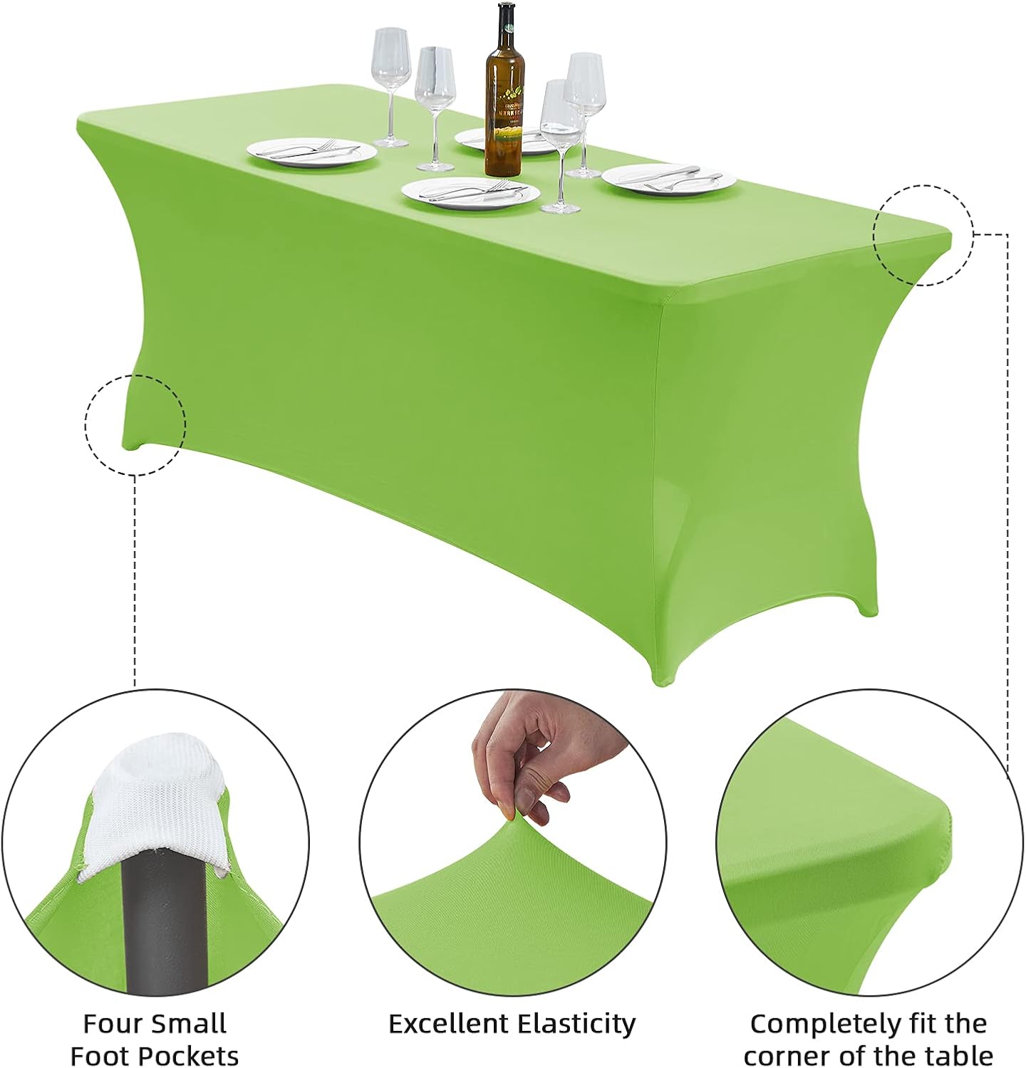 CWK 6FT Waterproof Stretch Spandex Table Cover for Rectangular Tables - Elastic Fitted Tablecloth for Folding Tables,Wrinkle Resistant Table Cloth for Parties, Weddings, Banquets & Events(Light Green)