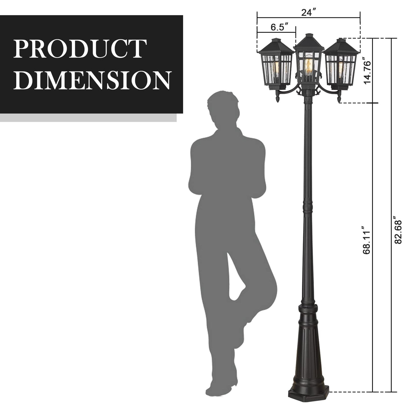 Darkaway Outdoor Post Light 3-Head Outdoor Street Light Pole Lamp Posts Road Lighting Waterproof Aluminum With Glass Outside Lighting Fixture For Backyard Garden Patio Pathway