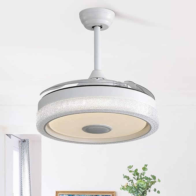 NicBex Ceiling Fan 42 Inch Ceiling Fans with Lights Ceiling Fan with 5 Retractable Blades and Remote Control Flush Mount Ceiling Fans for Bedroom, Living Room, White