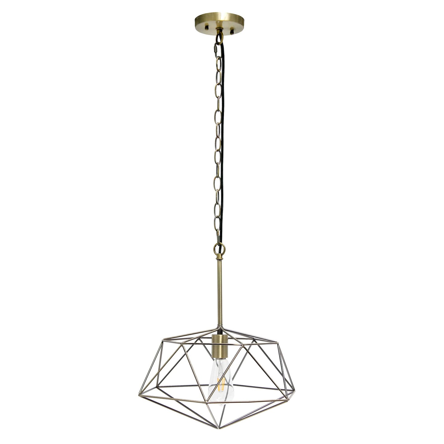Elegant Designs PT1011-ABS 16in Geometric Diamond Pendant Light Fixture, Antique Brass, Metal Wire Cage, Industrial Style