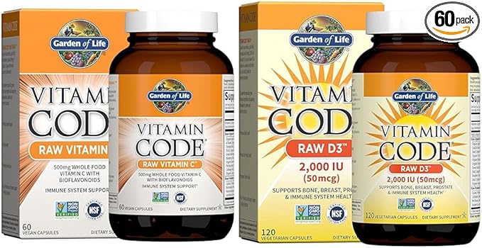 Garden of Life Vitamin Code Raw Vitamin C - 60 Capsules, 500mg Whole Food Vitamin C & D3 - Vitamin Code Whole Food Raw D3 Vitamin Supplement, 2000 Iu, Dairy and Gluten Free
