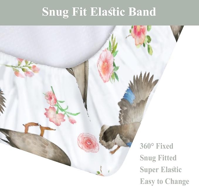 Mallard Ducks Boho Floral Changing Pad Covers for Baby Girl Boy Green Duck Spring Fitted Change Table Cover Mats Wild Duck Hunting Soft Diaper Changing Table Sheets 32''×16''