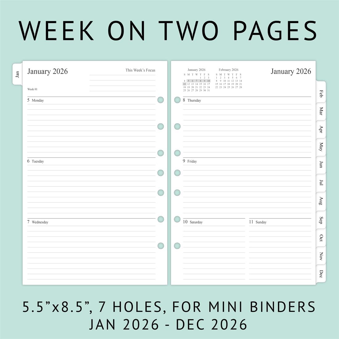 newestor 2026 Weekly & Monthly Planner Refill, 5-1/2" x 8-1/2", Jan 2026 to Dec 2026, 7-Hole Punched for Mini Binders