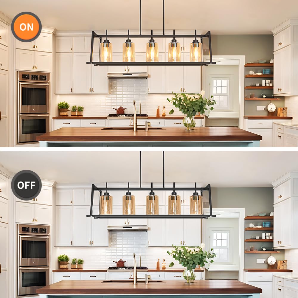 Dsmjfu Matte Black Farmhouse Dining Room Lighting Fixture  5-Light Linear Pendant Lighting  Rectangle Kitchen Light With Amber Glass Shades  Adjustable Height Rectangle Hanging For Kitchen Table