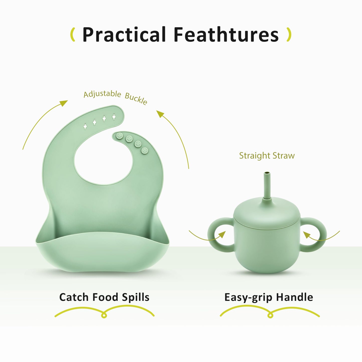 Bufims Silicone Baby Feeding Set, Baby Led Weaning Supplies, Eating Essentials Utensils with Suction Plate and Bowl, Pocket Bib, Sippy Cup with Lid, Forks Spoons Snack Container, for 6+ Months, Green