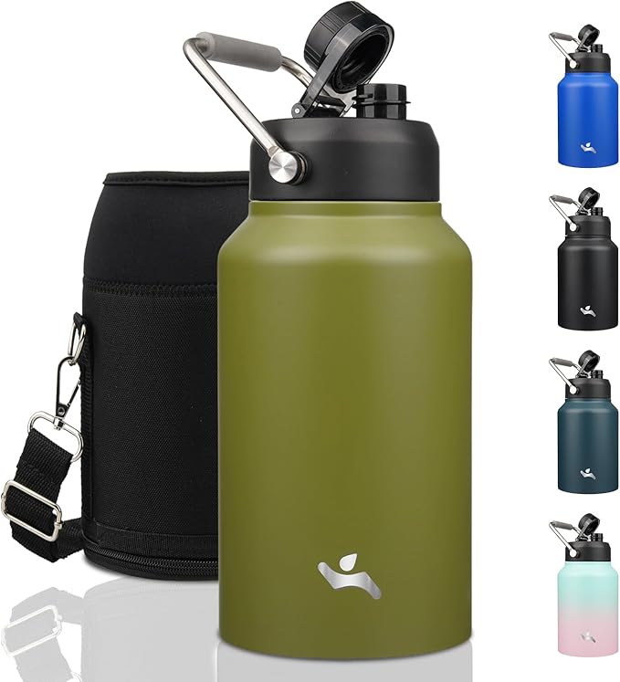 Jug with Handle,87 oz Insulated Water Bottle with Carrying Pouch, Double Wall Vacuum Stainless Steel Metal Bottle,Forest Green