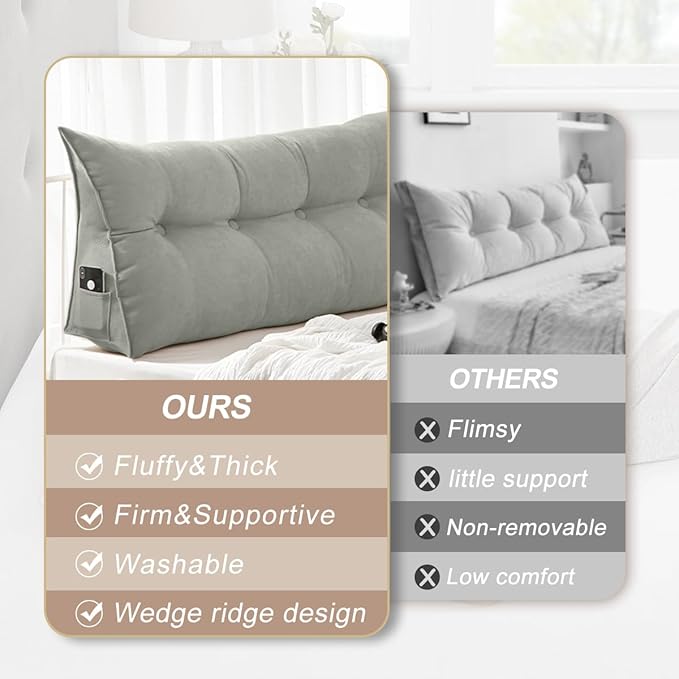 Large Triangular Headboard Pillows Long Backrest Positioning Support Bolster Cushion for Daybed Fluffy Quality Plush Body Wedge Pillow with Removable Cover(Dark grey-Queen-59x8x20in)