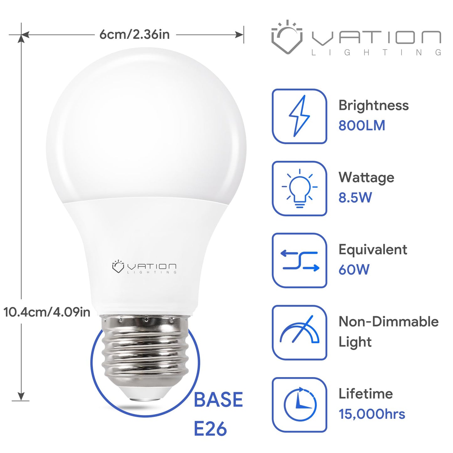 VATION LIGHTING A19 LED Light Bulbs 3000K Warm White, 60 Watt Equivalent, Efficient 8.5Watt, 800 Lumens, E26 Medium Base, Non-Dimmable, ETL/UL Listed, 24 Pack