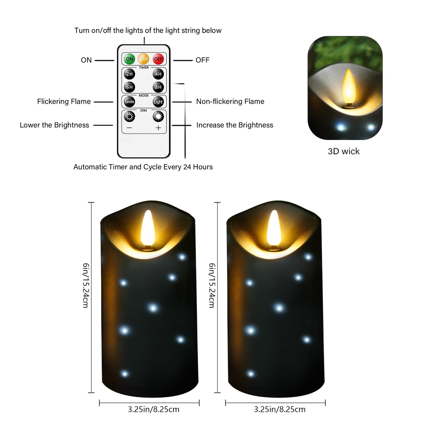 Kakoya Outdoor Waterproof Flickering Flameless Candles With Embedded Star String,2Pcs Led Pillar Candles Battery Operated With R