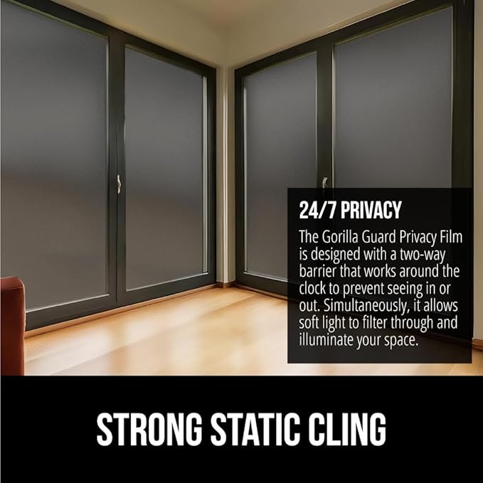 Gorilla Guard Window Privacy Film, Removable Two Way Sun Blocking, Reusable No Residue Stickers, Strong Static Clings to Glass Windows, Decorative Bathroom Door Coverings, 11.8 x 78.7 Inch, Black