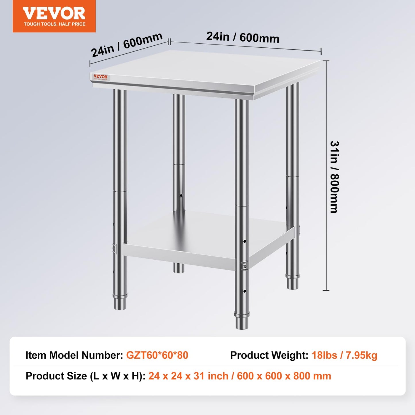 Vevor Stainless Steel 24 x 24 x 32 Inch Commercial Kitchen Prep & Work Table Heavy Duty Metal Work Table with Adjustable Feet for Restaurant, Home and Hotel : Industrial & Scientific
