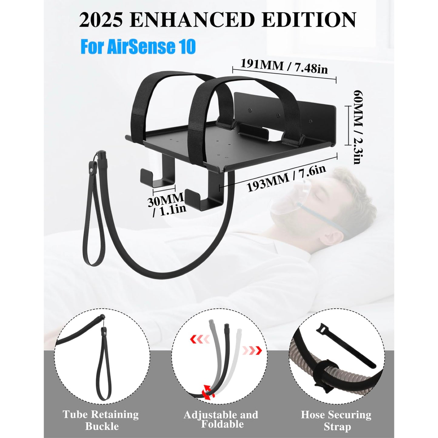 Wall Mount for CPAP Machine Compatible with ResMed AirSense 10 Lightweight Aluminum Design with Anti Slip Straps and Hose Management Hook Bedside Organizer Non Medical Device