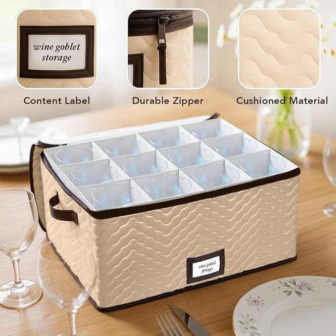 Wine Glass Storage Box with Dividers - Stemware Storage Case, Durable Quilted Microfiber Bin with Carry Handles, Protects Fine China - Durable Quilted Microfiber Bin with Carry Handles (2 Pack, Red Wine Glass)