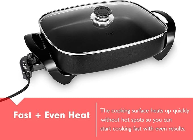 Caynel Professional Non-stick Copper Electric Skillet Jumbo, Deep Dish with Tempered Glass Vented Lid, Upgrade Thermostat, 16”x 12”x 3.15”- 8 quart (16 * 12 Black)