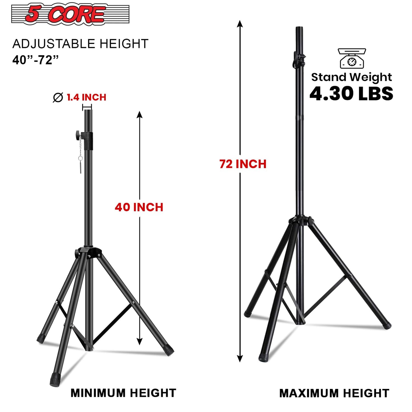 5 Core Adjustable Speaker Stand Pair Tripod Height 40 To 72 Inches Max Load 100 Lbs Heavy Duty Portable Pa Dj Studio Monitor Mou