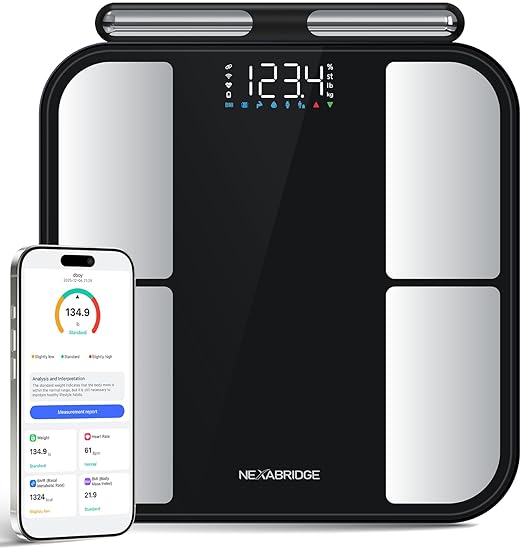 NEXABRIDGE 8 Electrodes Smart Scale for Body Weight, BMI, Body Fat, Muscle Mass, Dual Frequency Digital Bathroom Scale, 56...