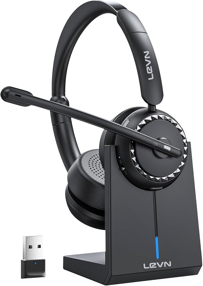 LEVN Wireless Headset, Wireless Headset with Mic for Work, AI Noise Cancelling, 65 Hrs Working Time, Bluetooth Headphones ...