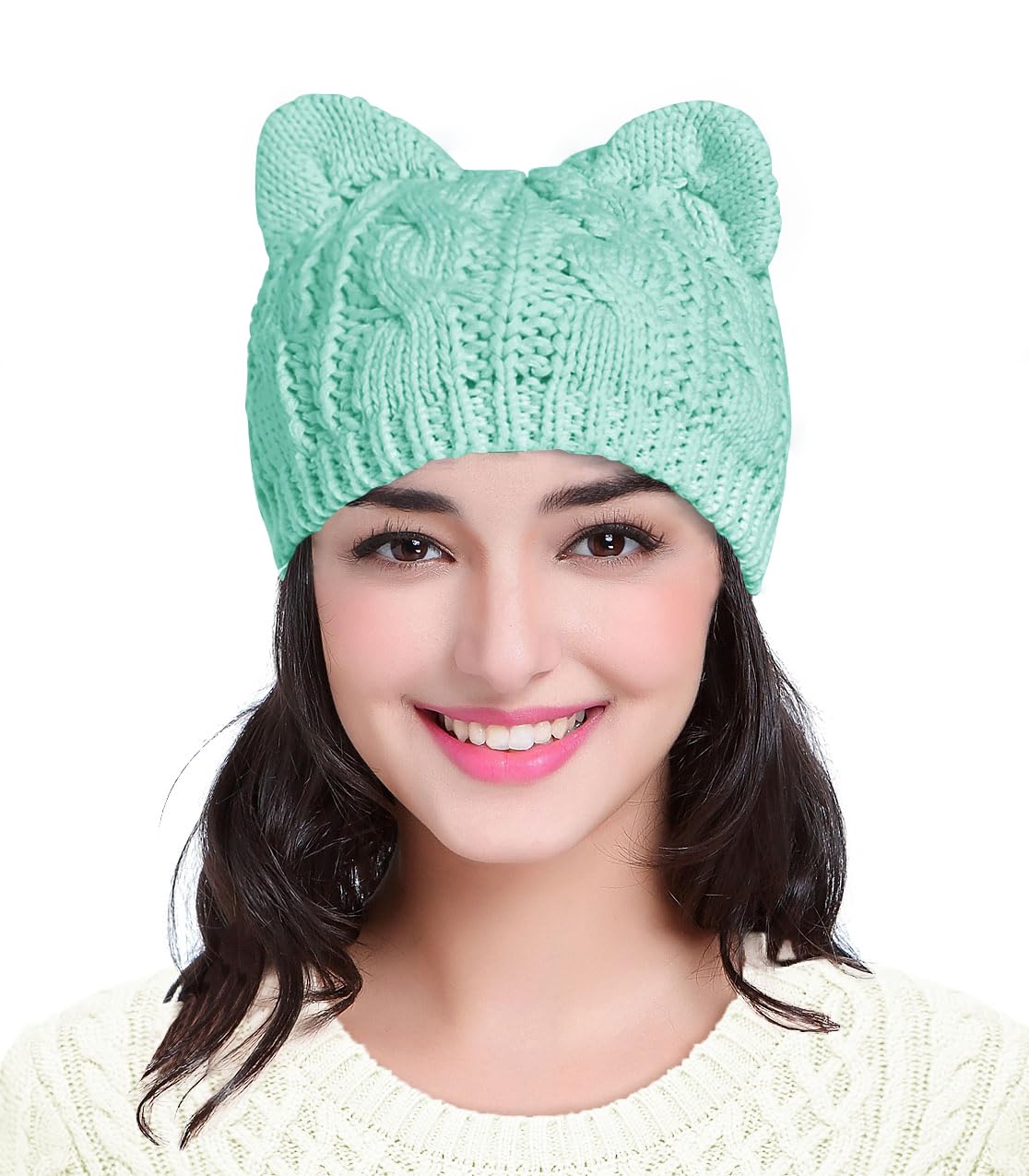 v28 Women Men Girls Boys Teens Cute Cat Ear Knit Cable Rib Hat Cap Beanie (Blue Green)