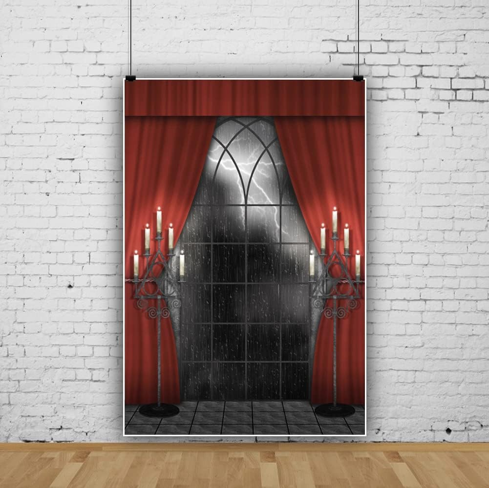 Renaiss 8x12ft Vintage Gothic Window Backdrop Red Curtain Candlestick Black Floor Lightning Stormy Sky Vampire Medieval Castle Photography Background Halloween Dress Up Party Decors Photo Booth Props