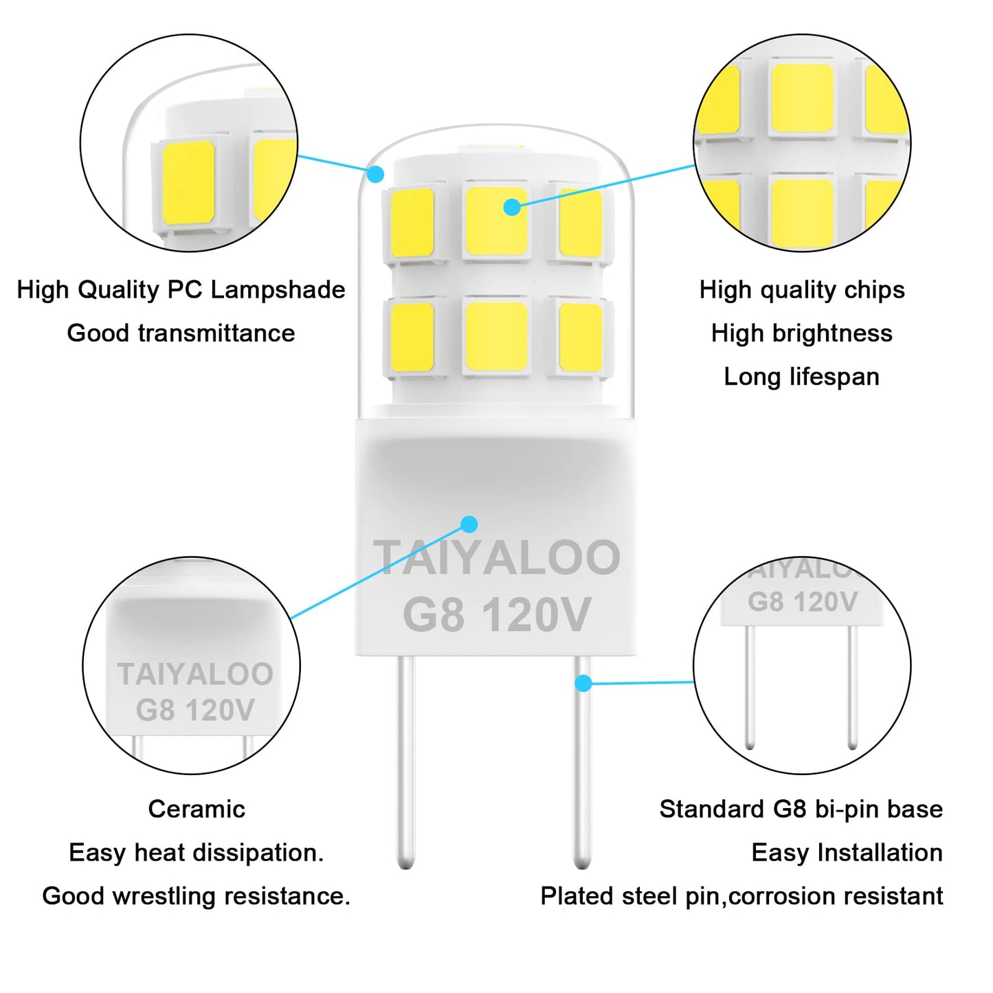 Taiyaloo Dimmable G8 Led Light Bulbs, 20W-25W Halogen Replacement, Natural White 4000K, 10 Pack, T4 Jcd Type