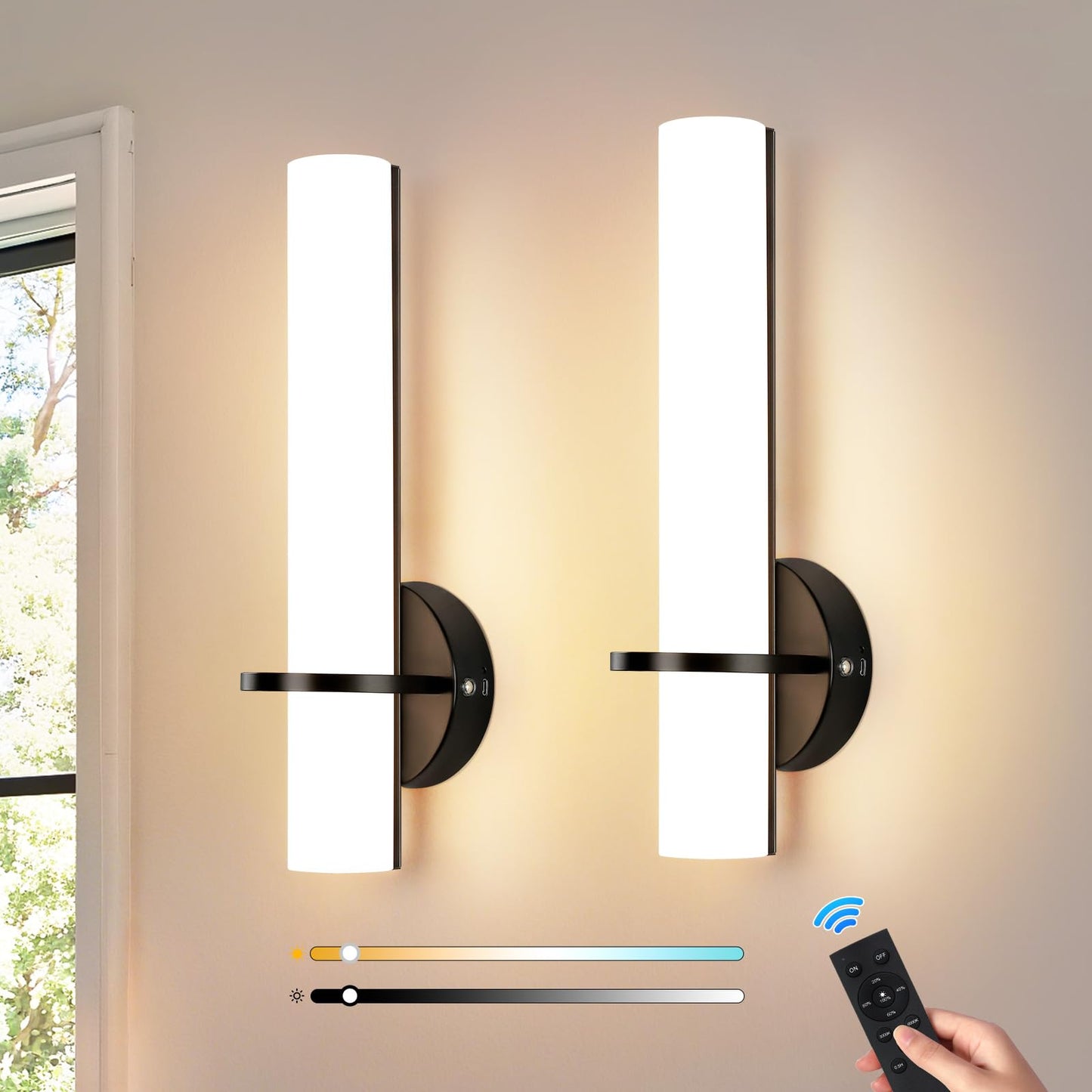 AIJIASI Black Battery Operated Wall Sconces Set of 2, Dimmable LED, 15 Inch, Rechargeable, Remote Control, Model 8001WL