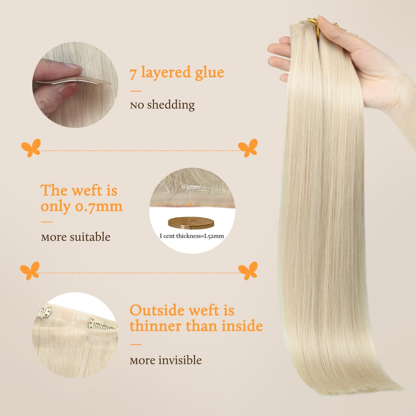 DOORES Human Hair Clip in Extensions, Platinum Blonde Virgin, Invisible Edge, 150g 7pcs 20 Inch Silky Straight for Women