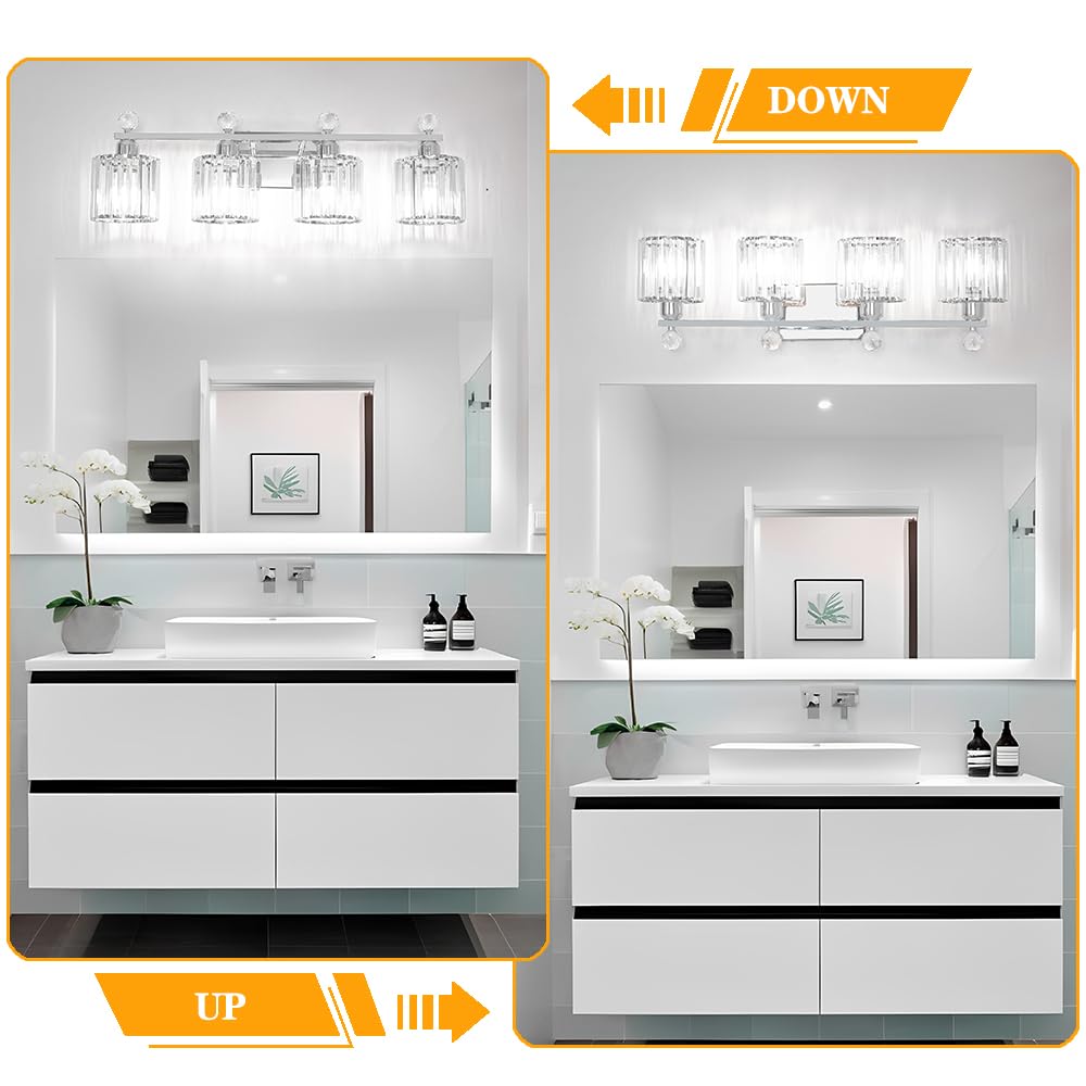 Lxybcce Modern Crystal Bathroom Vanity Light 4-Lights  Chrome Vanity Lights For Bath  Crystal Bathroom Wall Fixture Over Mirror  Wall Sconces Lighting With Clear Glass Shade For Bedroom  Living Room