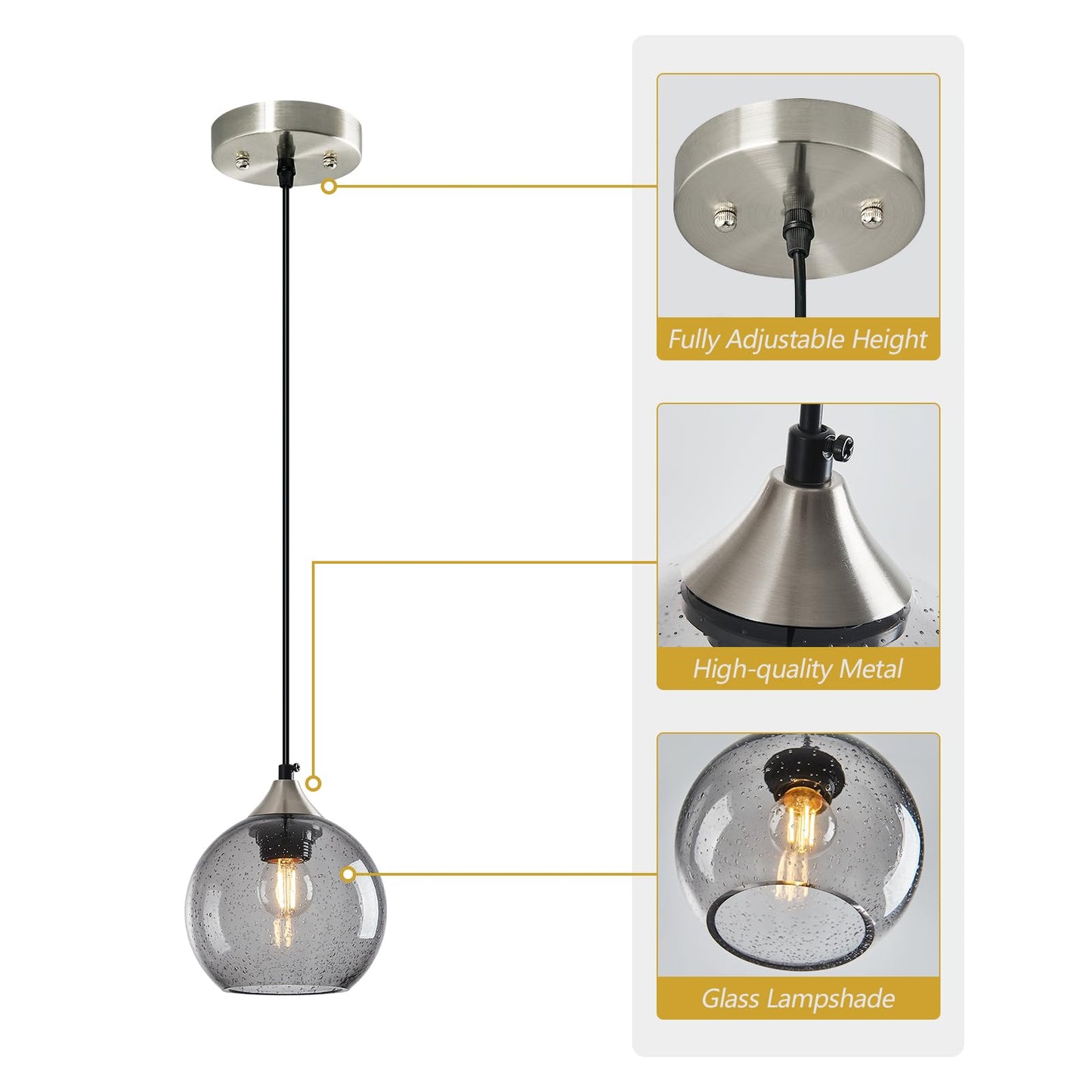 Lbsqj Light Grey Glass Pendant Lights Kitchen Island Globe Pendant Light Fixtures Modern Pendant Lighting For Bedroom Living Dining Room Light Fixture (5.9 In  2 Pack)