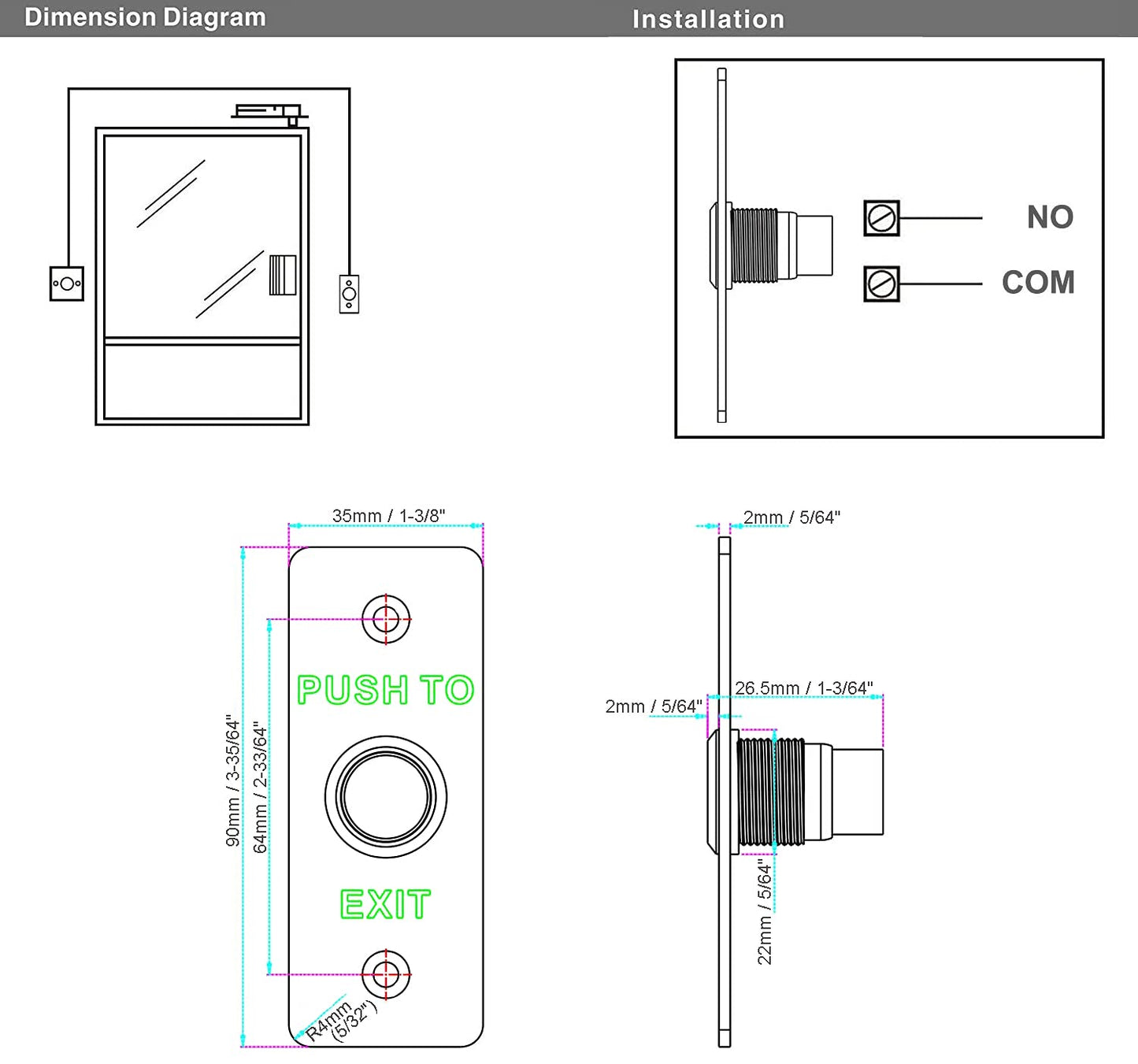 UHPPOTE Momentary Push to Exit Button Switch NO/COM Output Stainless Steel Panel for Access Control Hollow Door