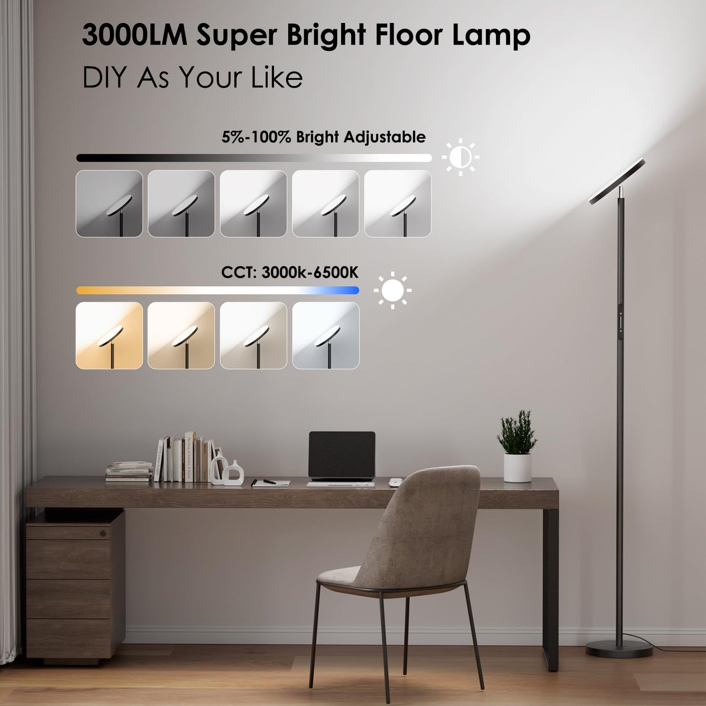 Jeagop LED Torchiere Floor Lamp, 32W 3000LM, 69in Tall, Remote & Touch Control, Black, Model LEDTOFL-B