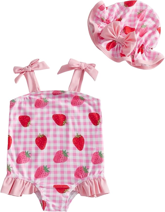 BSaogr Infant Girl Onepiece Swimsuit Cute Printed Sleeveless Ruffle Romper Beach Wear Bathing Suit with Swim Cap
