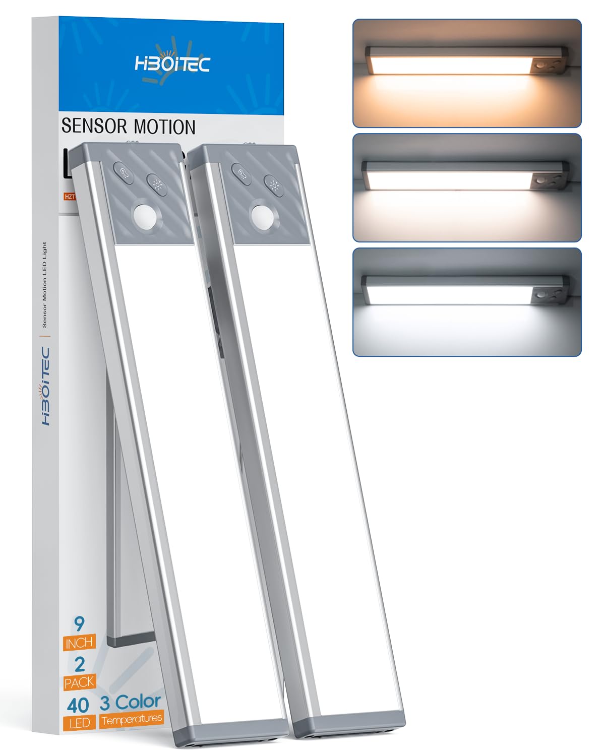 HIBOITEC Under Cabinet Lighting 40 LED Rechargeable Dimmable Motion Sensor 9 inch Short Silver Model HZT-HBSL006