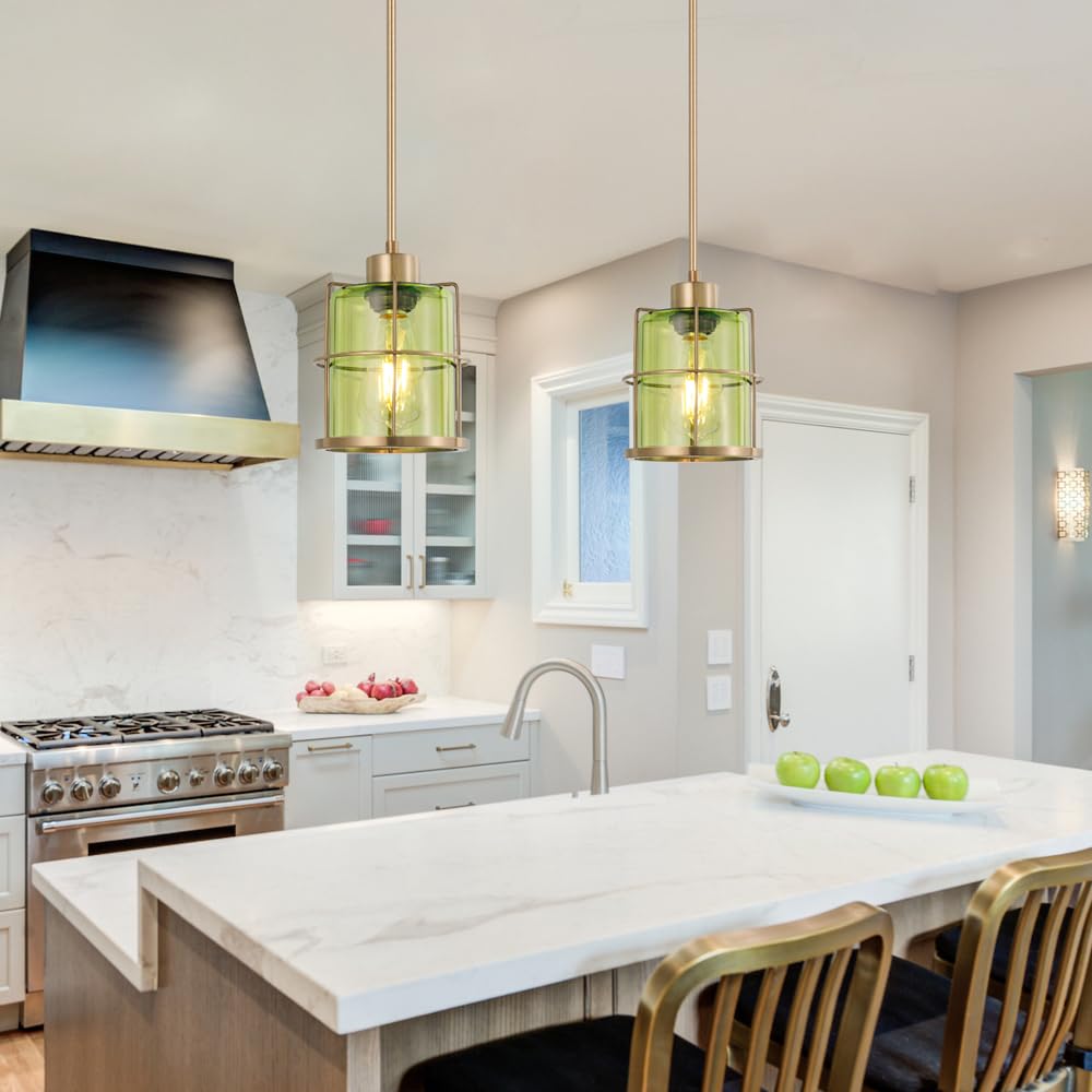 Farmhouse Pendant Lights Kitchen Island Set Of 2  Black Kitchen Pendant Lighting Over Sink  Adjustable Bathroom Pendant Lights  Ceiling Hanging Fixture With Green Glass For Dining Room Hallway