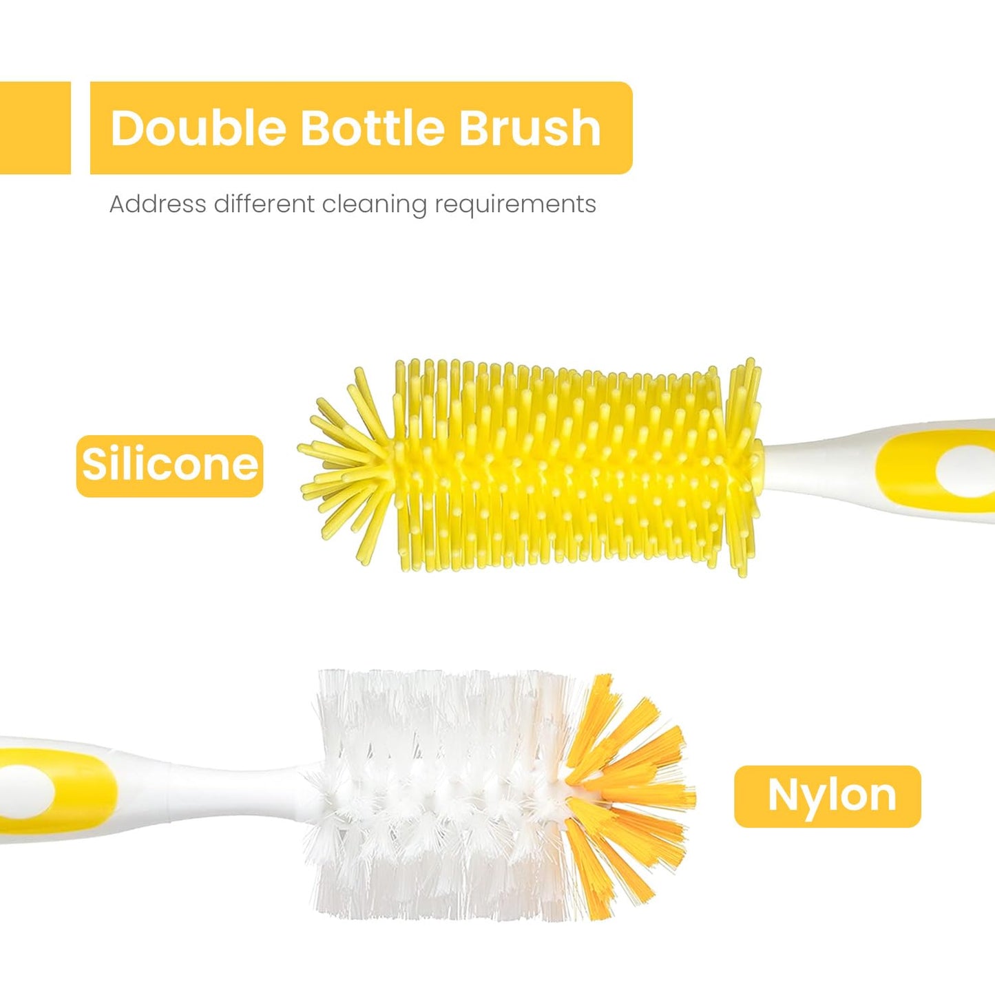 Ariseno Baby Bottle Brush Set - Nylon & Silicone Bottle & Nipple Brush, BPA-Free (Yellow)