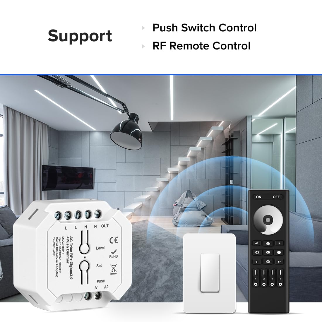 BTF-LIGHTING AC Triac Dimmer Support Dimmable LED, Driver, Incandescent Lamps, Halogen Lamps Compatible with RC01RFB WR02RF 2.4G RF Remote, Push Dimmer Switch Brightness Control 110-220V(No Remote)