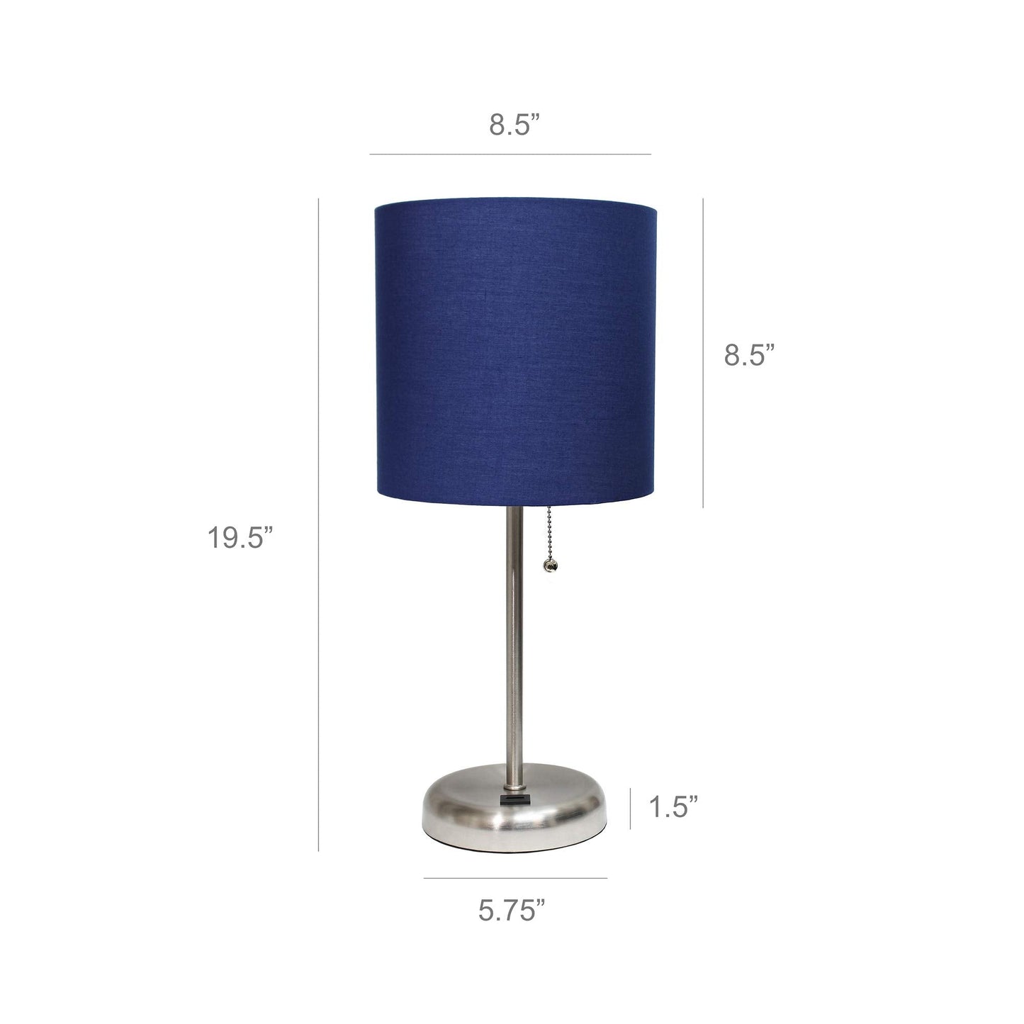 Simple Designs LC2002-NAV-2PK Brushed Steel Table Lamp Set with USB Charging Port, Navy Blue Shades, 2 Pack
