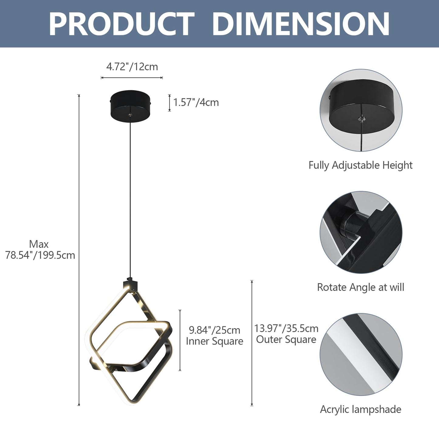 Bnhhlz Modern Led Pendant Lights Plated Black Rectangular Pendant Light Fixtures 4000K 20W Dimmable Pendant Lighting For Dining Room Kitchen Island Bedroom Living Room Foyer(1-Pack)