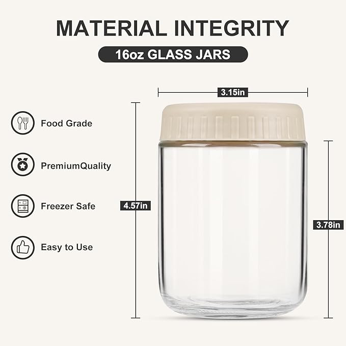 Overnight Oats Containers with Lids, 16oz Glass Jars with Lids 4 pcs, Apricot, Wide Mouth Mason jars for Salad, Yogurt, Snacks, Meal Prep