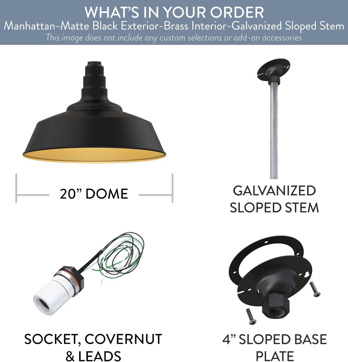 Steel Lighting Co. Manhattan Warehouse Light | Ceiling Mounted Pendant | 20 inch Dome | 12 inch Sloped Stem | Large Steel Barn Light Made in America | Matte Black Exterior/Brass Interior