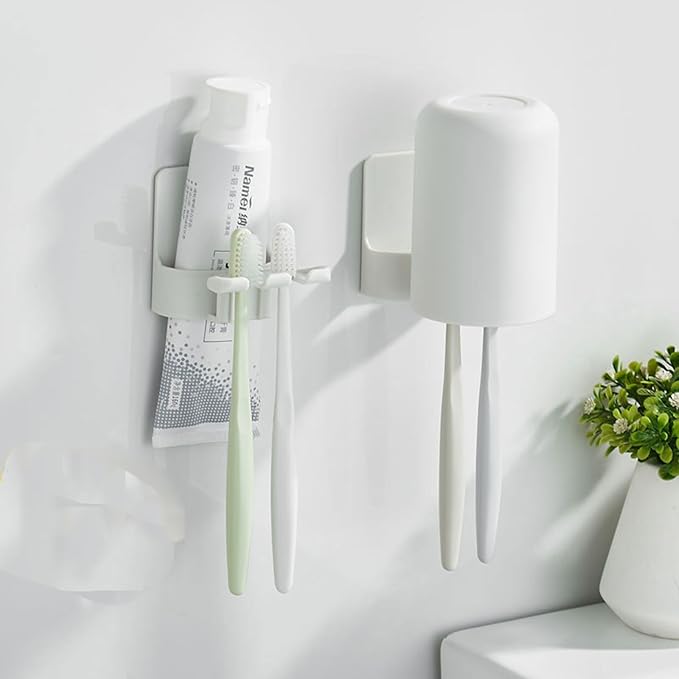 2 PCS Self-Adhesive Toothbrush Holders Wall Mounted, Water Proof Toothbrush Hook, 3 in 1 with Toothbrush Hanger Toothpaste Holder and Gargle Cup Holder for Bathroom Shower (White)